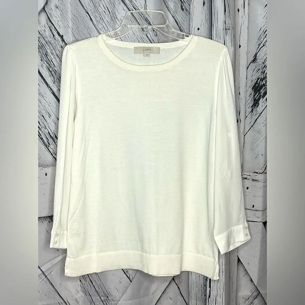 Loft Ivory Cotton Crewneck Sweater with Polyester Sleeves L